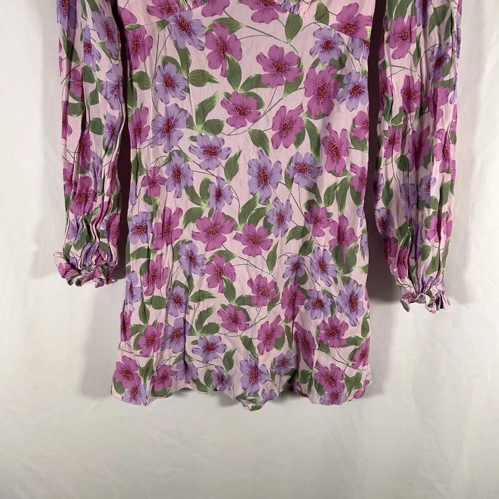 Gianni Bini Mini Dress Women's XS Pink Floral Vneck Long Sleeve Pullover